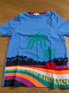 Marc Jacobs Blue Tee with Green Palm and Multicolor Stripe Hem